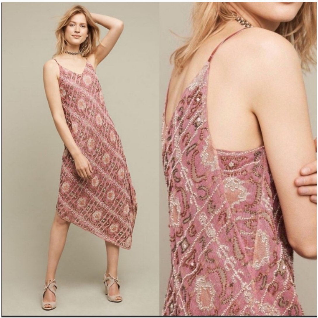 Floreat Anthropologie Beaded Asymmetrical Slip Midi Dress Nwt